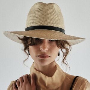 Janessa Leone Natural Straw Fedora with Black Band